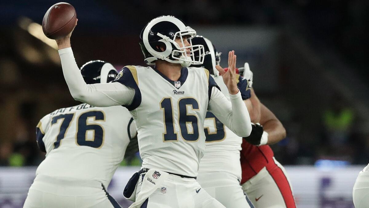 Rams quarterback Jared Goff passes the ball during a game against Arizona on Oct. 22 in London.