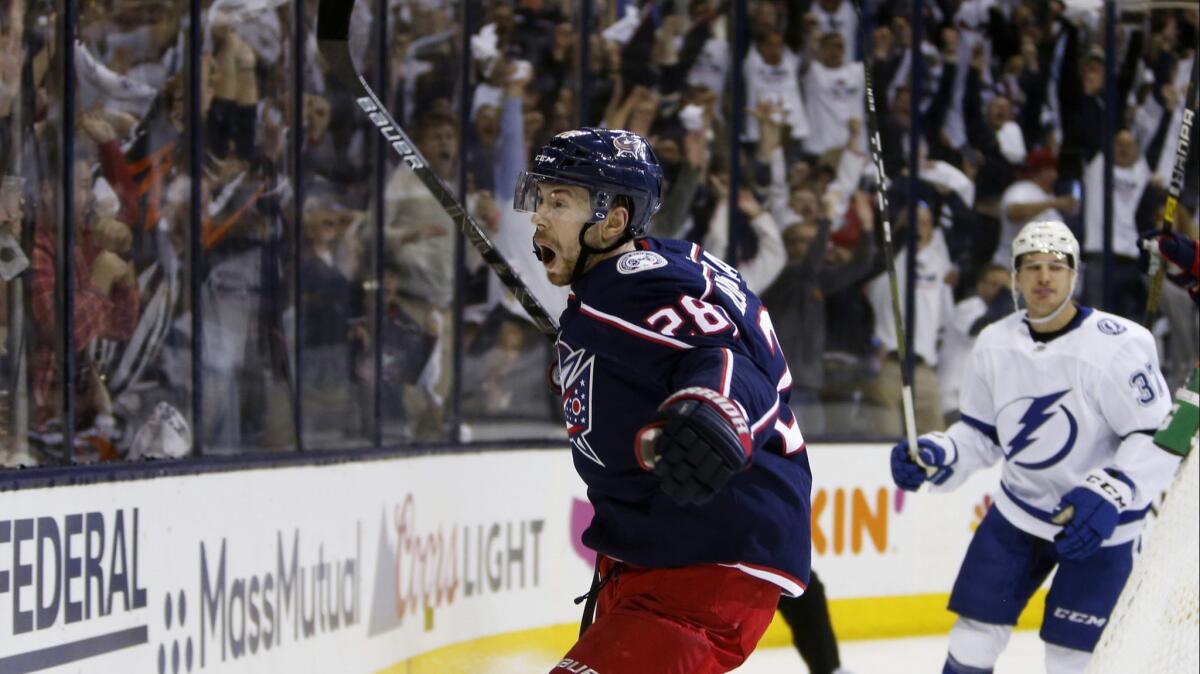 Columbus Blue Jackets' Oliver Bjorkstrand celebrates his goal against the Tampa Bay Lightning during the second period of Game 4.