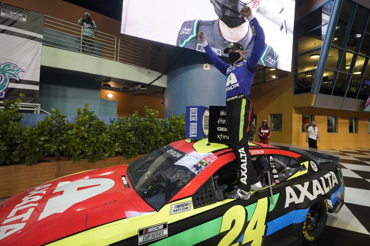 William Byron celebrates after winning a NASCAR Cup Series auto race, Sunday, Feb. 28, 2021, in Homestead.