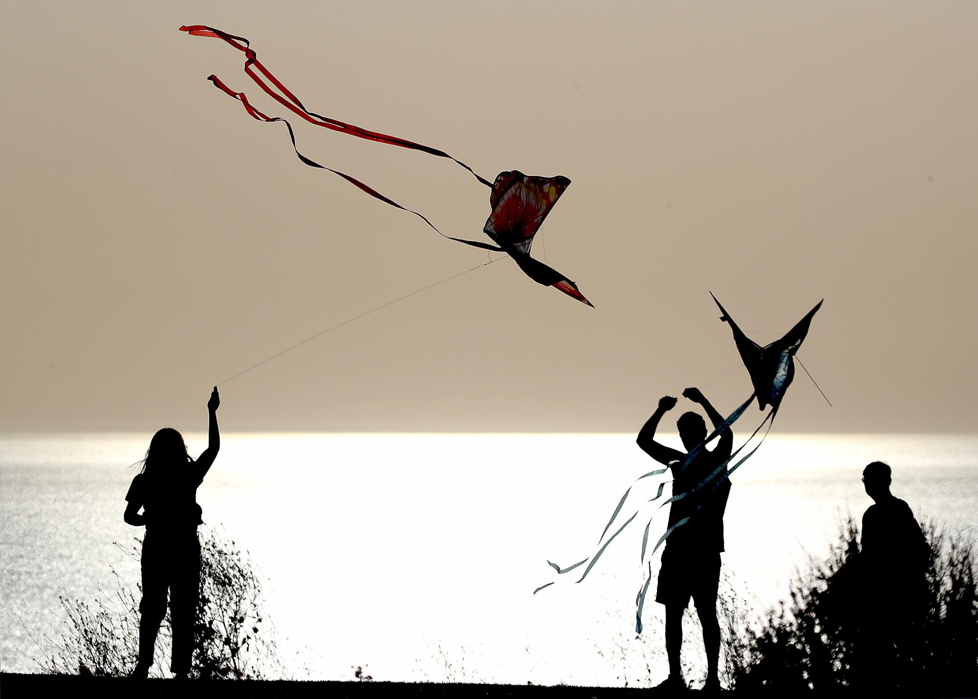 Visitors to Angels Gate Park in San Pedrofly kites as the sun sets on a scorching hot day.