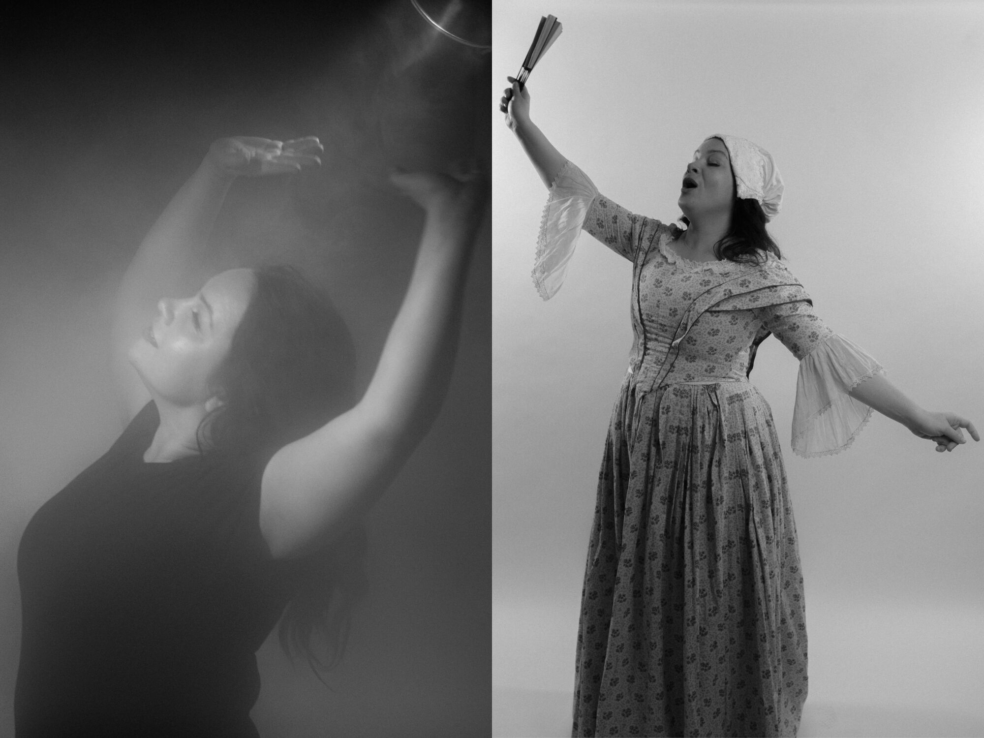 A split image shows a woman in a cloud of mist, left, and wearing a dress and raising a fan in the air, right.