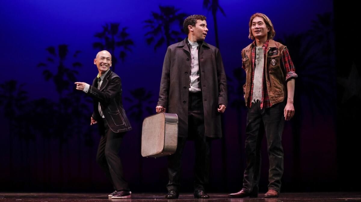 Francis Jue, left, Conrad Ricamora and Austin Ku during a run-through at the Ahmanson.