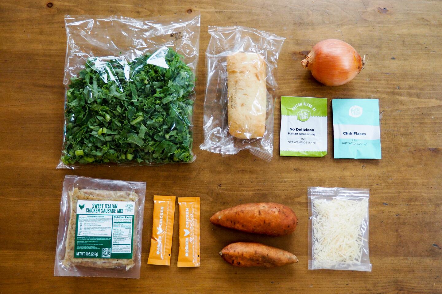 Ingredients for the Hello Fresh chicken sausage, sweet potato and kale soup.