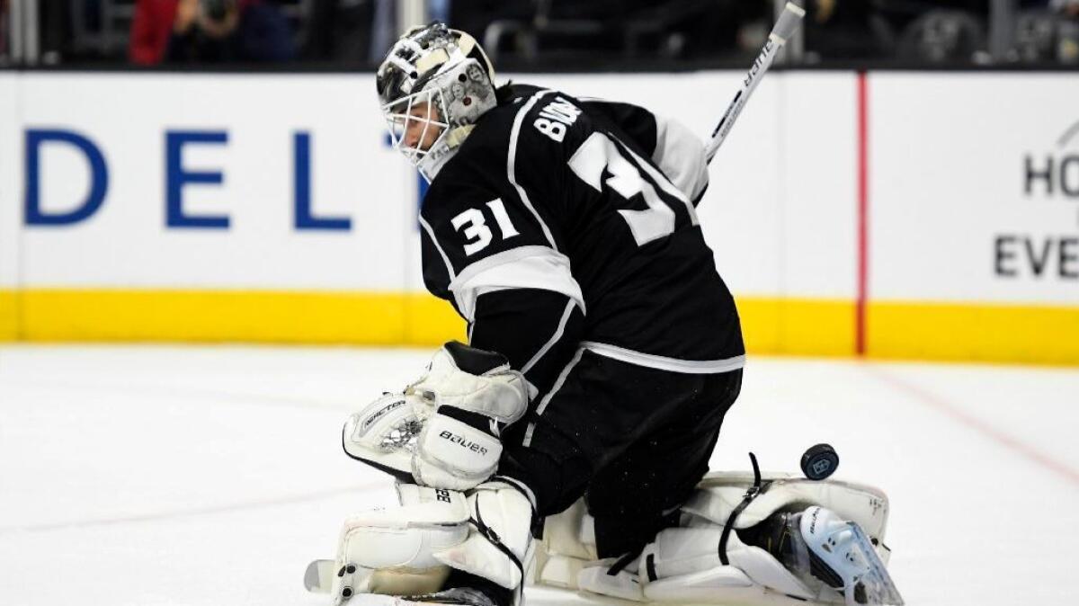Peter Budaj gives up a goal in a Kings loss to the Arizona Coyotes on Feb. 16.