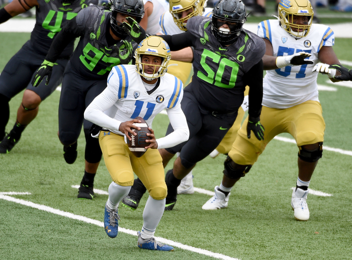 UCLA quarterback Chase Griffin looks to pitch the ball against Oregon on Saturday.