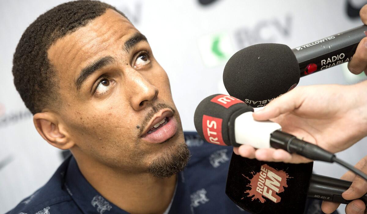 Thabo Sefolosha talks to reporters in Vevey, Switzerland, last week.