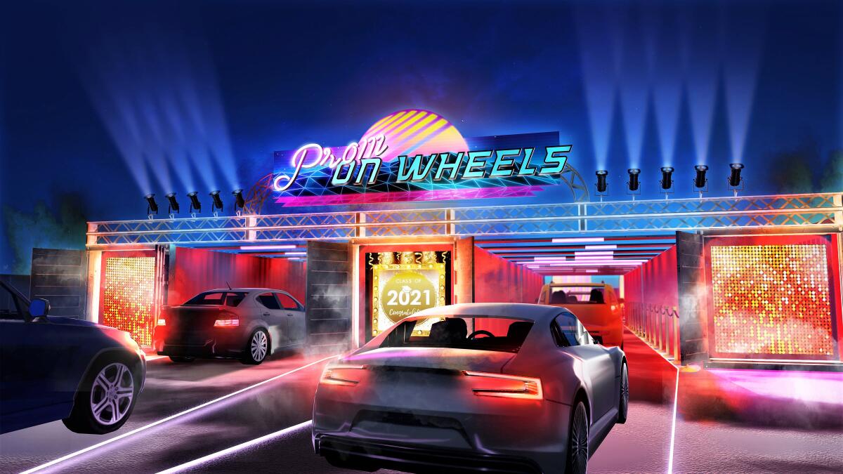 A rendering of Prom on Wheels, a drive-through prom developed by Newport Beach event planner Hollie Keeton. 