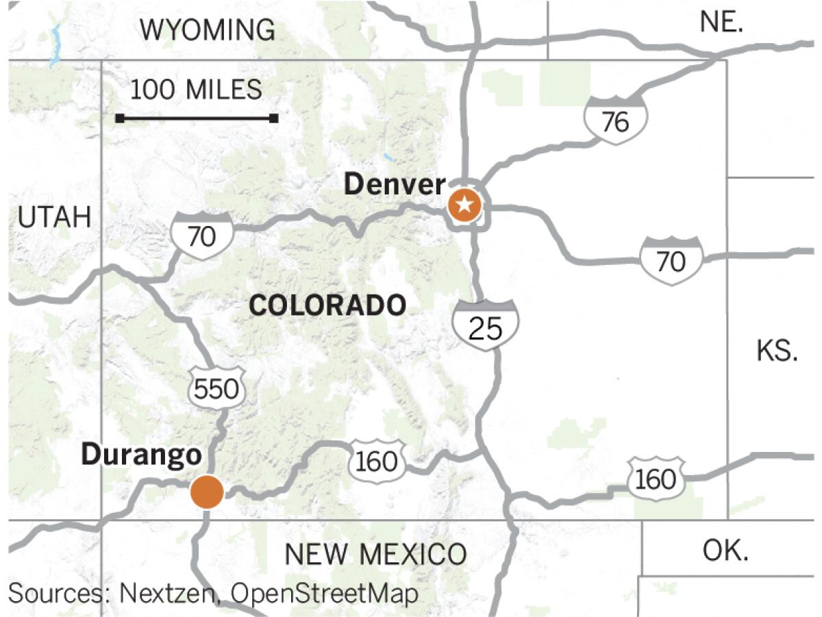Map of Denver and Durango in Colorado