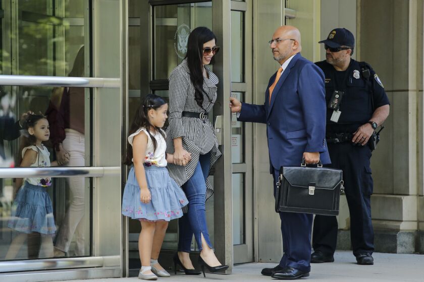 The wife of 'El Chapo', Emma Coronel Aispuro, leaves with her twin daughters from the US Federal Courthouse in Brooklyn after a hearing in the case of Mexican drug lord Joaquin 'El Chapo' Guzman, on June 26, 2018, in New York. (Photo by KENA BETANCUR / AFP) (Photo credit should read KENA BETANCUR/AFP/Getty Images) ** OUTS - ELSENT, FPG, CM - OUTS * NM, PH, VA if sourced by CT, LA or MoD **