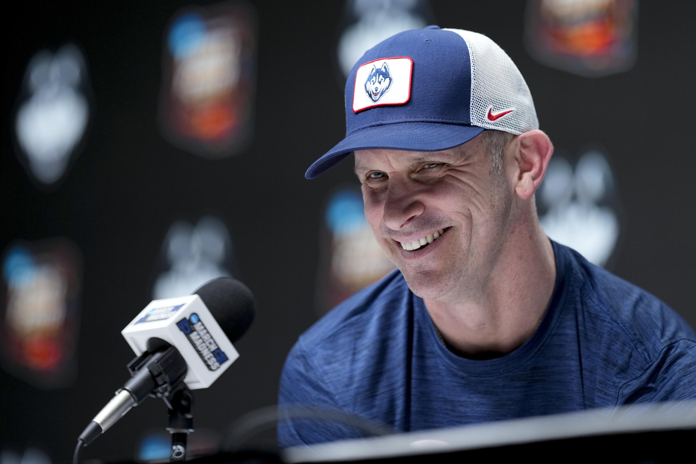 Connecticut coach Dan Hurley speaks during a news conference ahead of the NCAA Final Four on April 4.