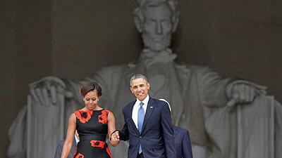 President Barack Obama and first lady Michelle Obama arrive at the Let Freedom Ring ceremony at the Lincoln Memorial.