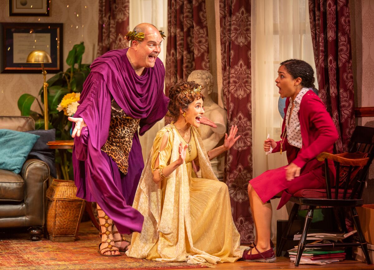 Brad Oscar as Dionysus, Jessie Cannizzaro as Thalia and Shay Vawn as Daphne (from left) in "Ken Ludwig's The Gods of Comedy" at the Old Globe Theatre.