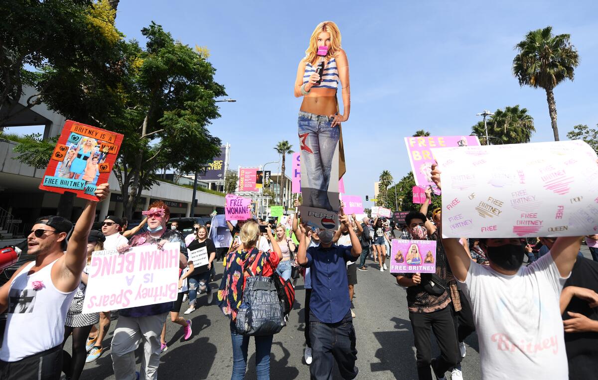 Britney Spears fans rally outside a Los Angeles courthouse on Sept. 29, 2021