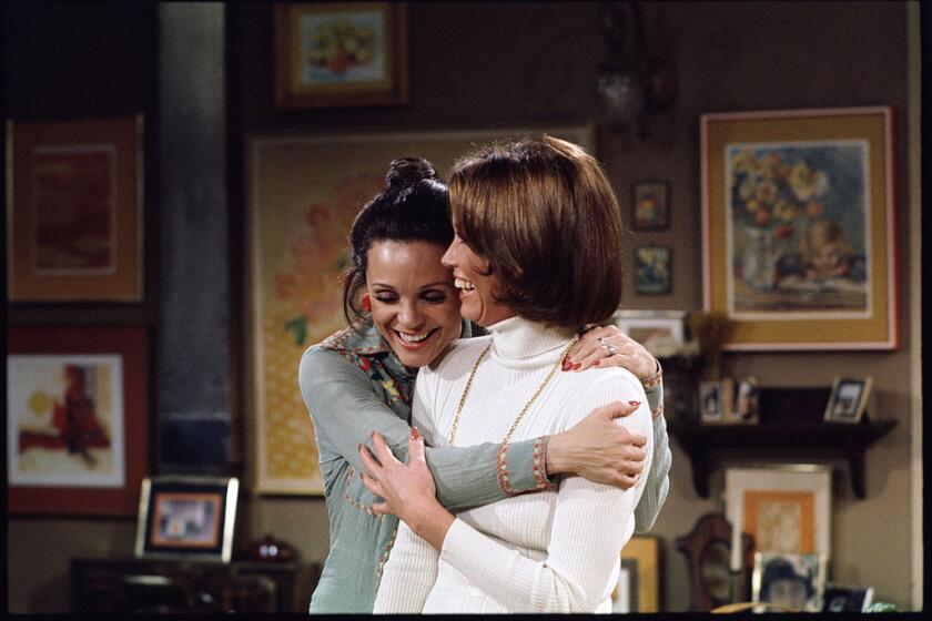 LOS ANGELES - MARCH 10: RHODA, episode "Along Comes Mary." Featuring (from left): Valerie Harper (as Rhoda Morganstern) and Mary Tyler Moore (as Mary Richards). Initial broadcast on March 10, 1975. (Photo by CBS via Getty Images)