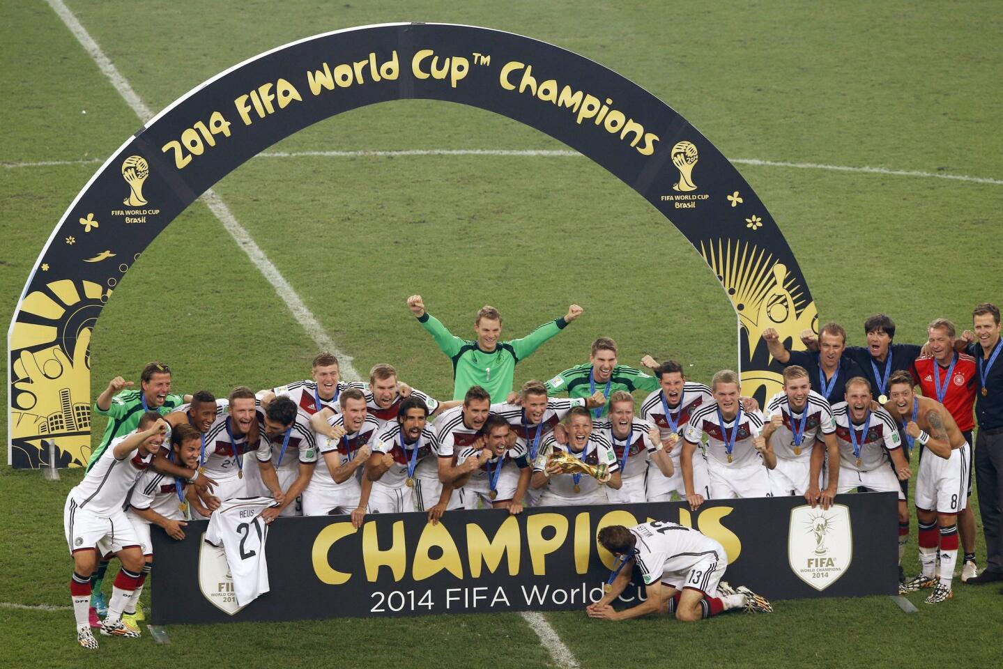 German players pose for the winners' photo after winning the FIFA World Cup 2014 final.