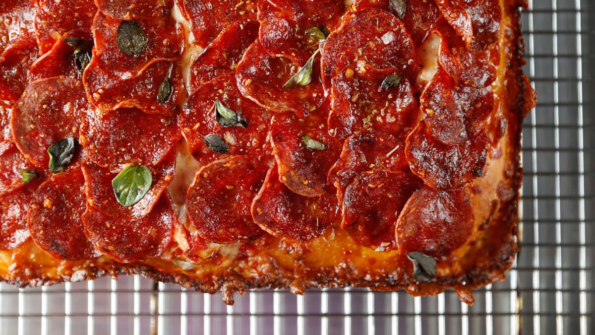Detroit style pepperoni pizza at Unit 120. inside the Far East Plaza in Chinatown.