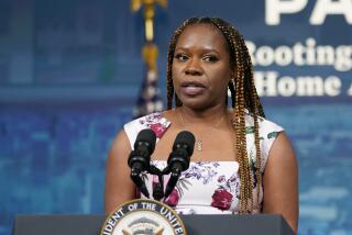 Homeowner Tenisha Tate-Austin speaks before introducing Vice President Kamala Harris 