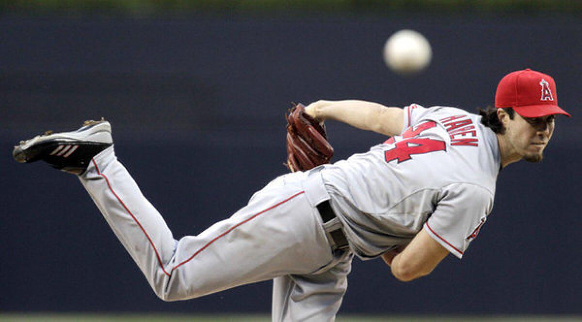 Dan Haren pitches against the Padres in May.