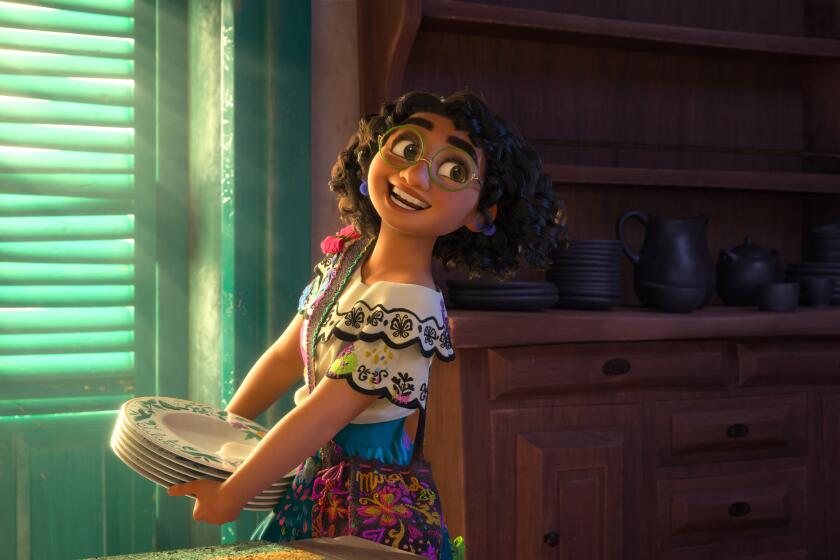 A cartoon girl with curly hair and glasses carrying a stack of plates