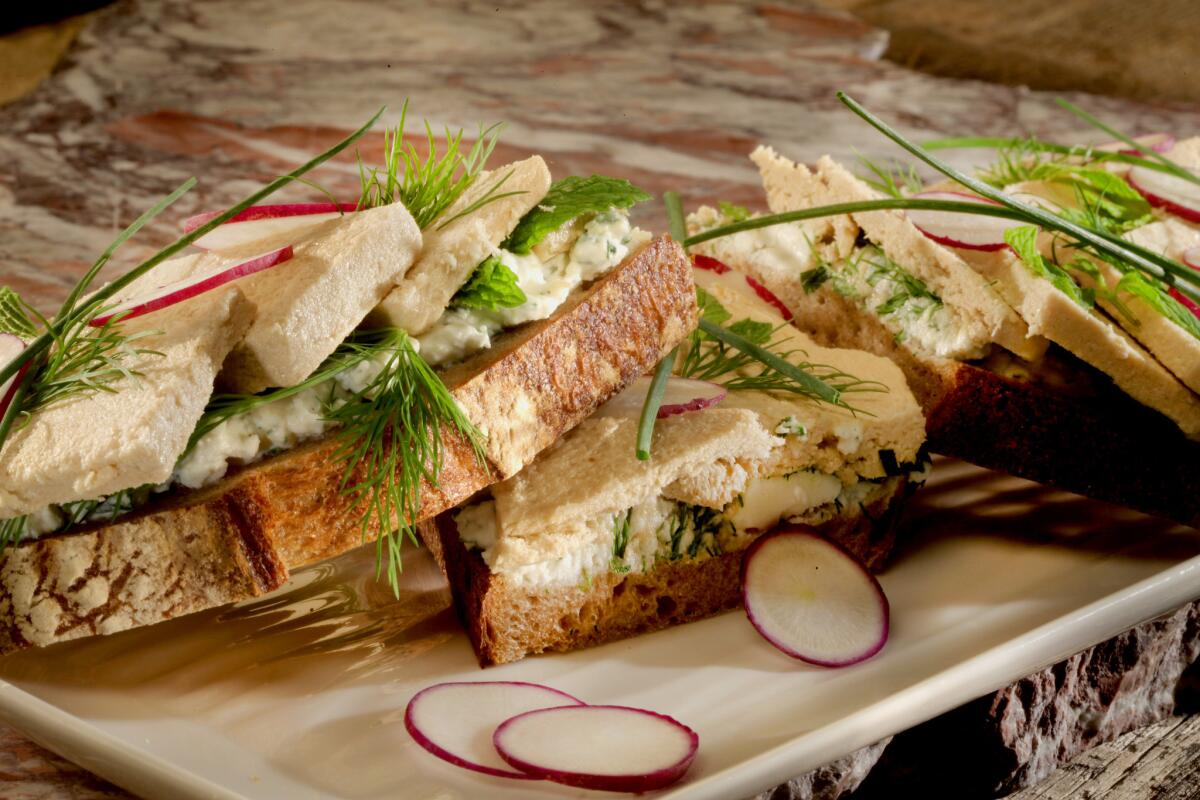 Tartines a la Perse (Persian toasts) halvah on toast with herbs.