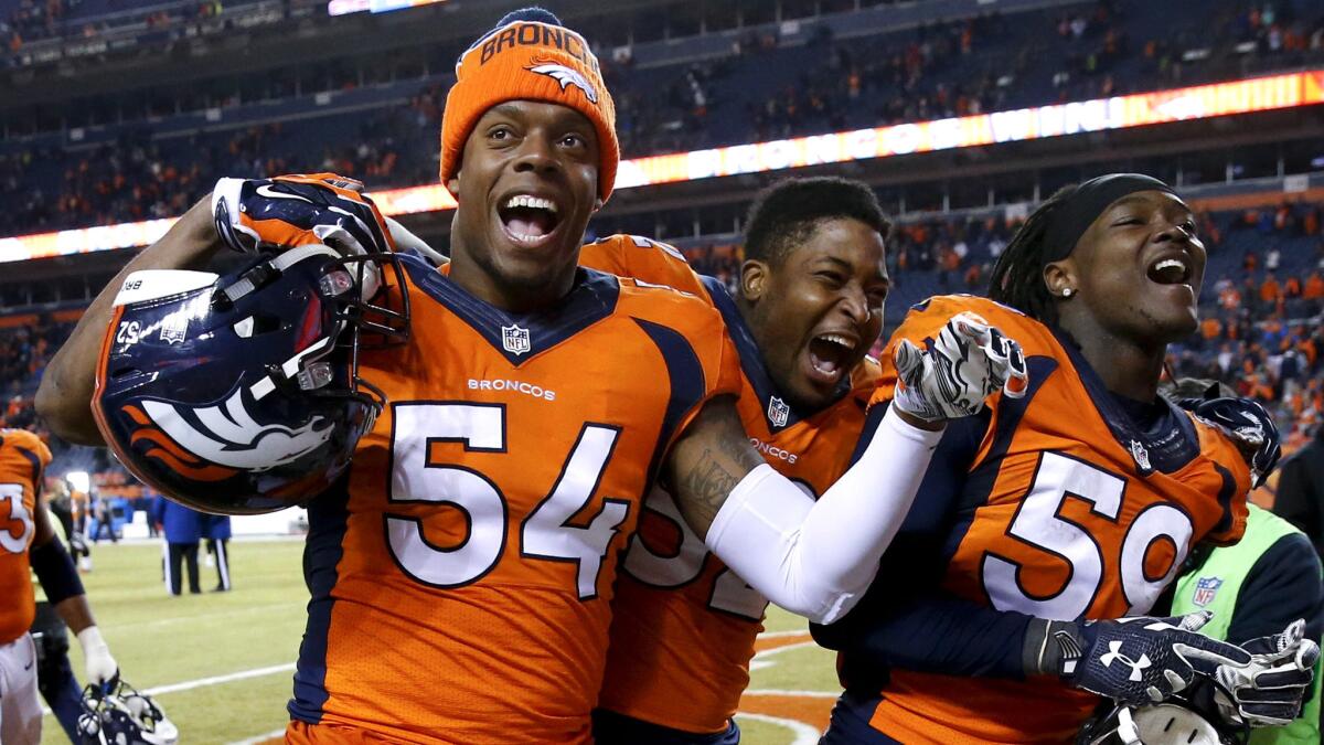 Broncos linebacker Brandon Marshall (54) will have plenty to celebrate with teammates Corey Nelson, center, and Danny Trevathan if they can contain Cam Newton and the Panthers in Super Bowl 50.