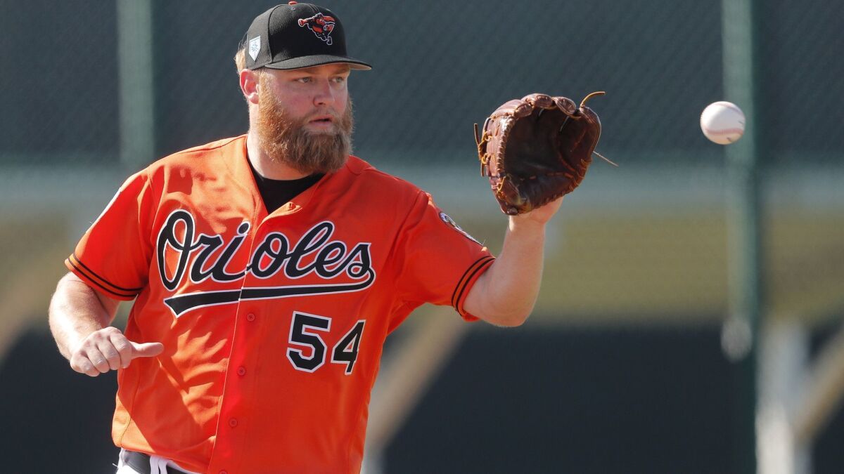 Baltimore Orioles starting pitcher Andrew Cashner works out at their spring training baseball facility in Sarasota, Fla., Friday, Feb. 15, 2019. (AP Photo/Gerald Herbert)