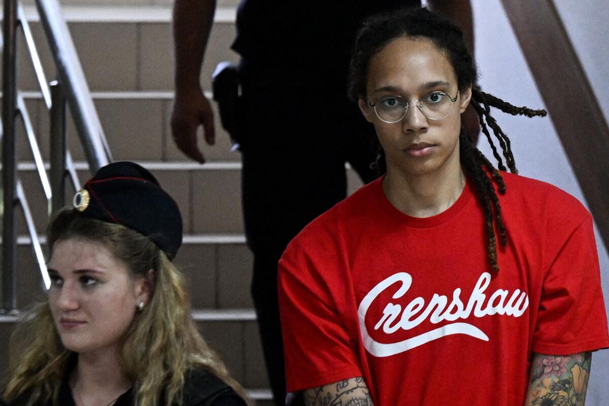 WNBA star Brittney Griner arrives to a hearing at the Khimki Court outside Moscow.
