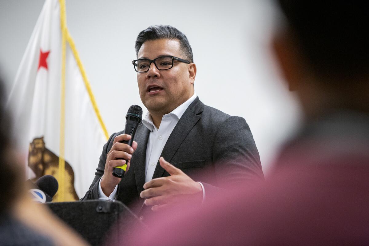 Ricardo Lara, California Insurance Commissioner, Spoke During A Press Conference With Los Angeles Labor Leaders And Advocates Of Commerce Last Sept.  26, 2022. Photo By Alisha Jucevic For Calmatters