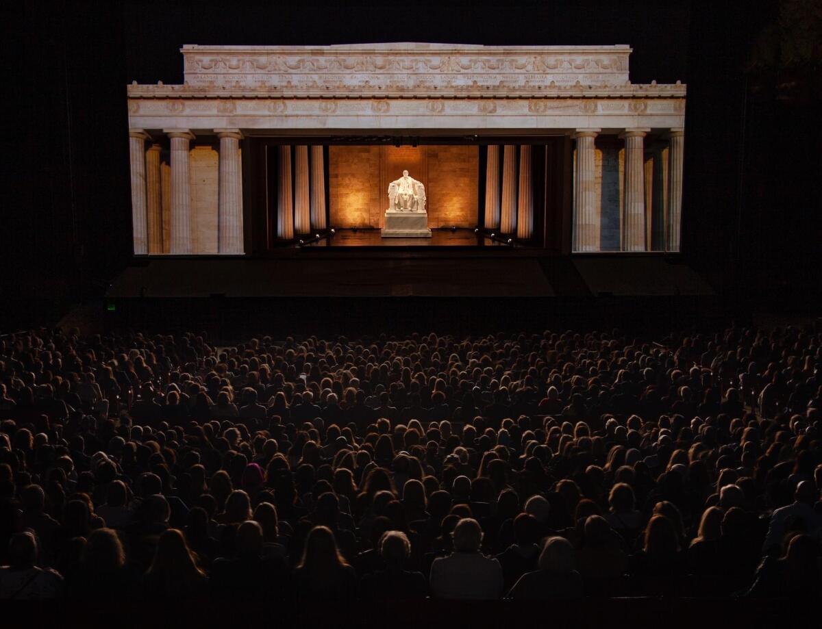 Laguna Beach resident Adrian van Deudekom poses as the Lincoln Memorial in the 2021 Pageant of the Masters event.