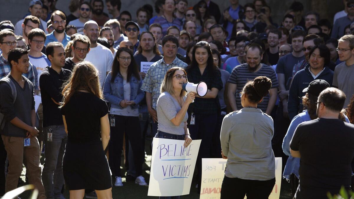 On Nov. 1, above, Google employees in Venice joined counterparts around the world in a protest over how the company handled sexual misconduct claims. The May 1 protest is over what they call a “culture of retaliation.”