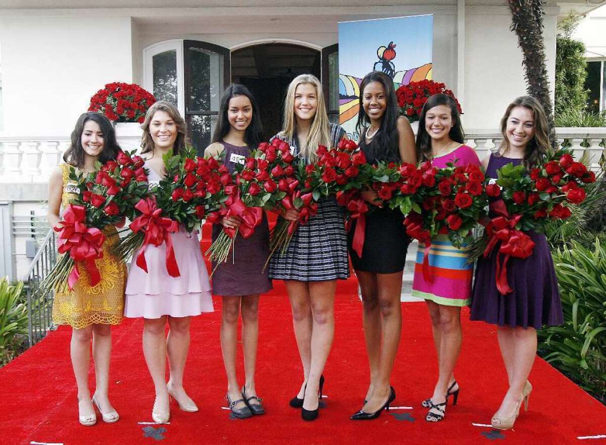 Members of the Tournament of Roses 2013 Royal Court pose at the Tournament House in Pasadena. From far left: Rose Queen Vanessa Manjarrez, Madison Teodo, Sonia Shenoi, Kathryne Benuska, Nicole Nelam, Tracy Cresta, and Victoria McGregor.