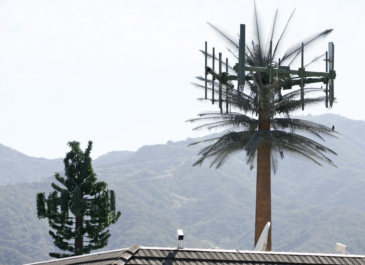 Cell phone towers near the intersection of Foothill Boulevard and Ramsdell Avenue.