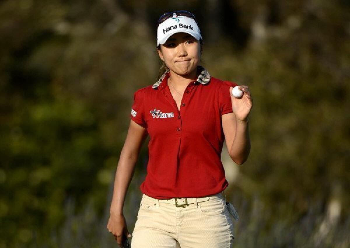 I.K. Kim reacts after finishing with a bogey at No. 18 during the final round of the Kia Classic in Carlsbad last month.
