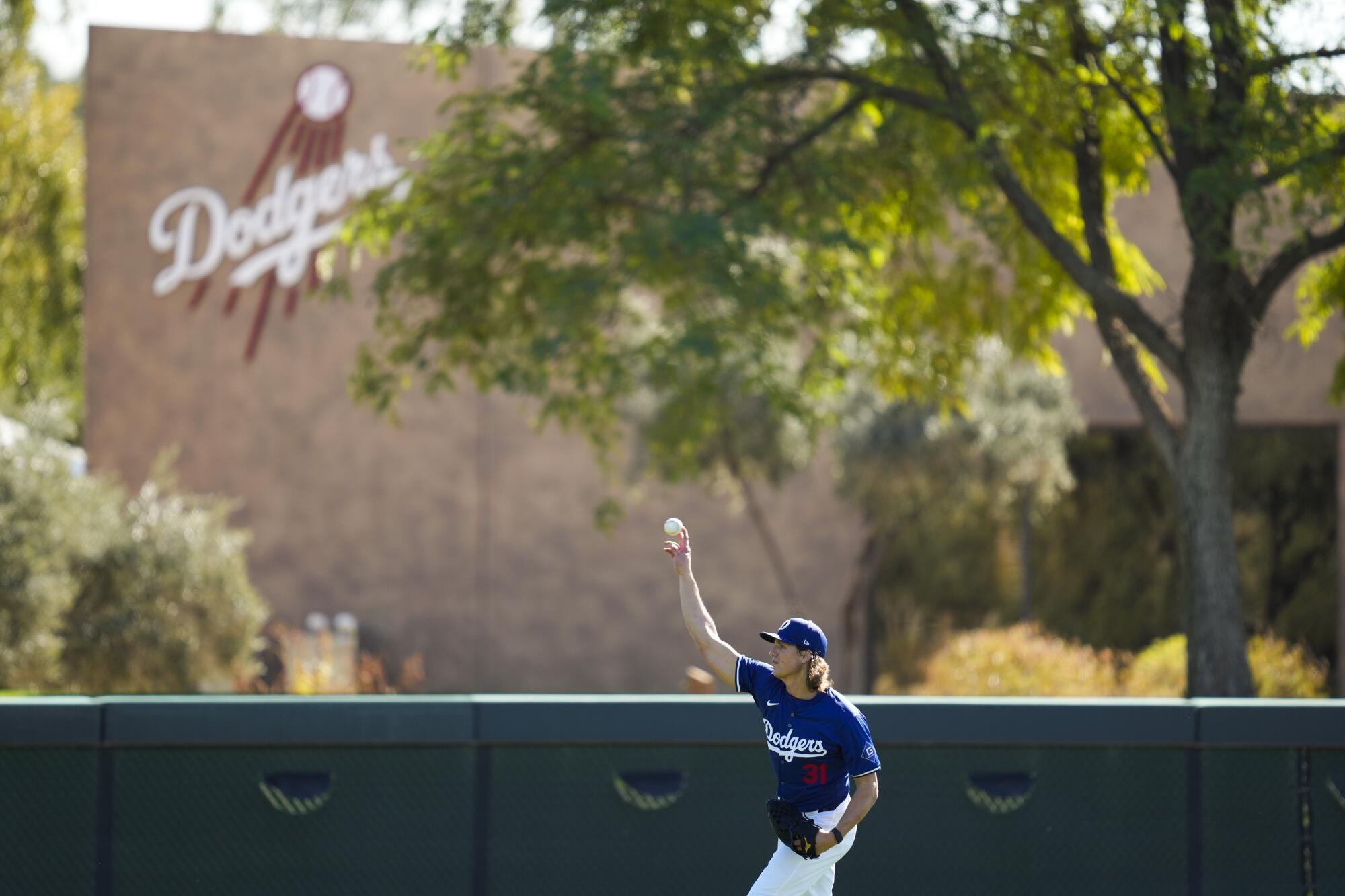 Tyler Glasnow throws during spring training workouts at Camelback Ranch in Phoenix on Feb. 19.