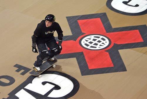 Jake Brown practices for the big-air skateboarding competition at Staples Center. Brown will be competing for the first time since his nasty fall in last year's X Games event.