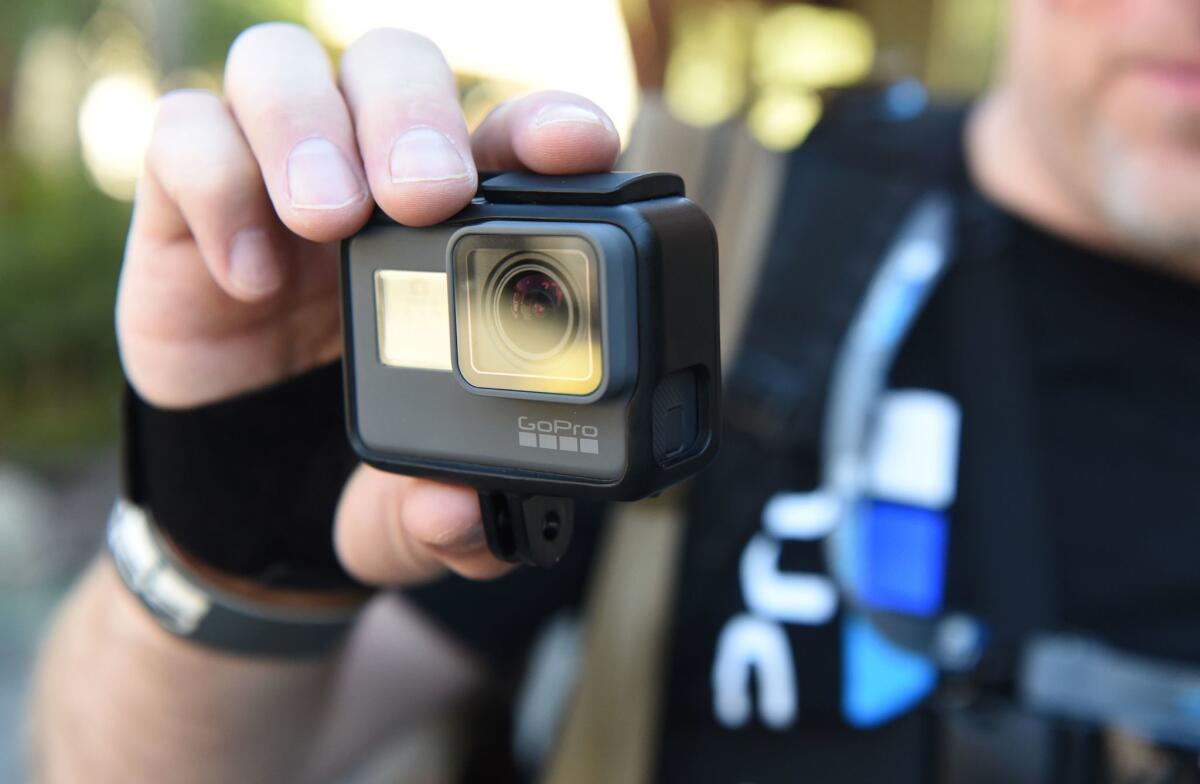 A man tries out a new GoPro Hero5 Black during a media event in Olympic Valley, Calif., on Sept. 19.