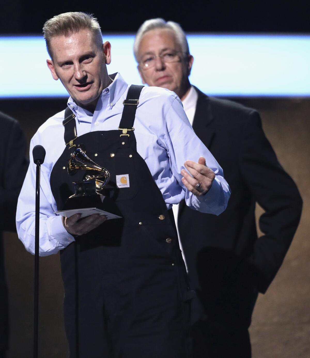 Country singer Rory Feek at the 59th Grammy Awards, accompanied by Jack Martin, the father of his late wife, Joey Feek.