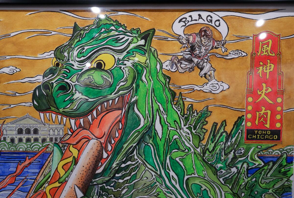 A vibrant piece by artist Jave Yoshimoto features Godzilla.