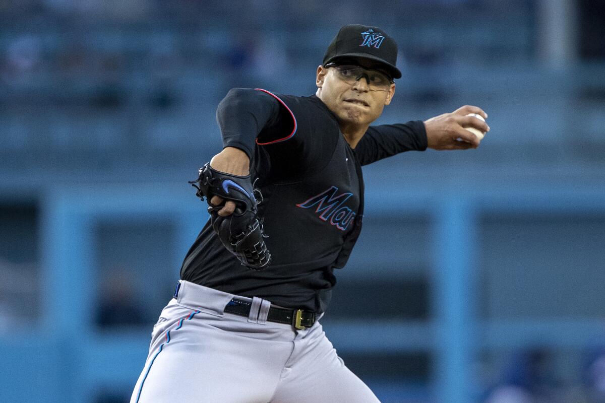 Miami Marlins starting pitcher Jesus Luzardo throws during the first inning.