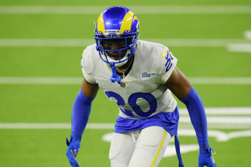 Jalen Ramsey #20 of the Los Angeles Rams lines up on defense.