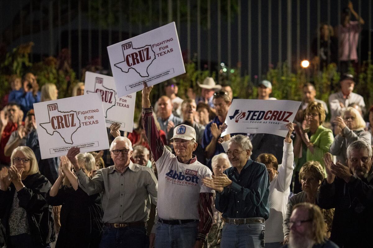 Supporters cheer Sen. Ted Cruz (R-Texas) during a recent campaign rally in Amarillo, Texas.