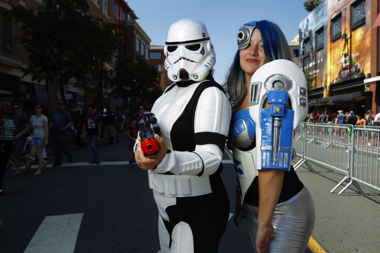Dawn Abbott of San Diego as a Storm Trooper and her daughter Kendra Abbott as R2-D2.