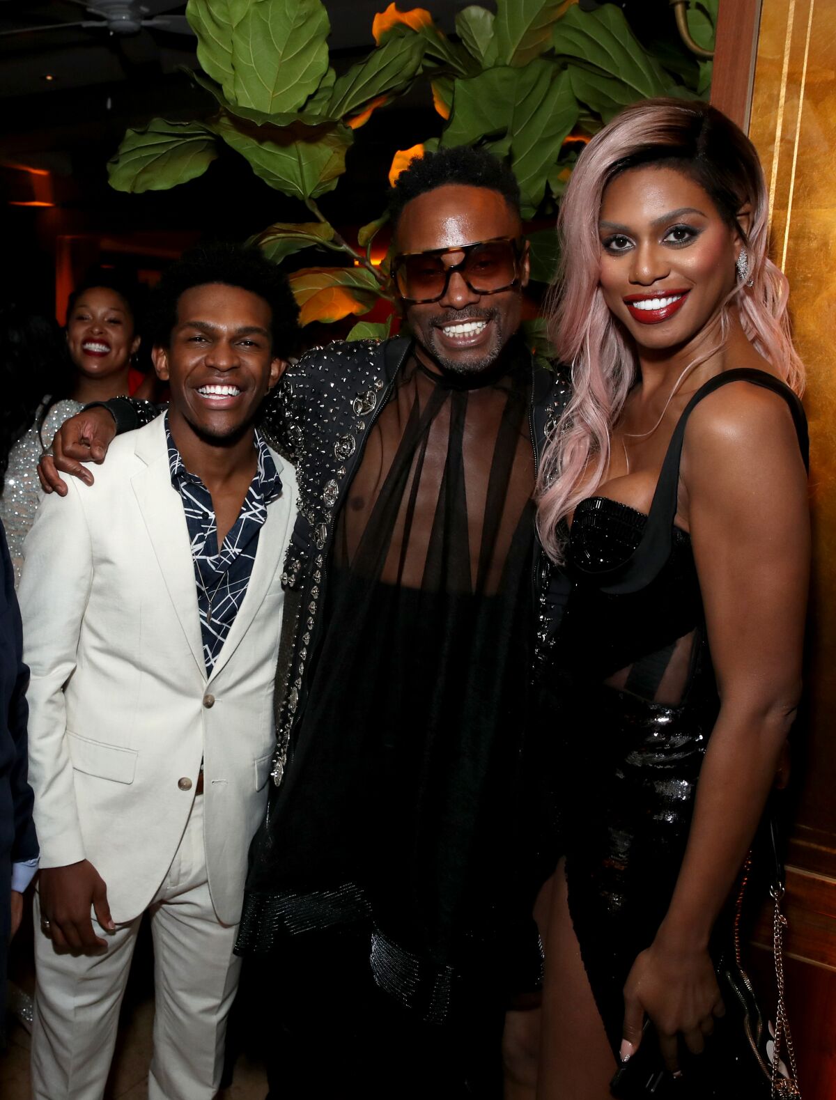 Camrus Johnson, from left, Billy Porter and Laverne Cox at the 2019 pre-Emmys party at Sunset Tower Hotel in West Hollywood.