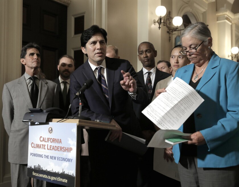 State Senate President Pro Tem Kevin de Leon (D-Los Angeles) answers questions about SB350, which calls for boosting renewable energy use to 50% by 2030.