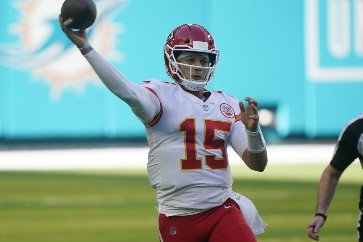 Kansas City Chiefs quarterback Patrick Mahomes throws a pass against the Miami Dolphins on Sunday.