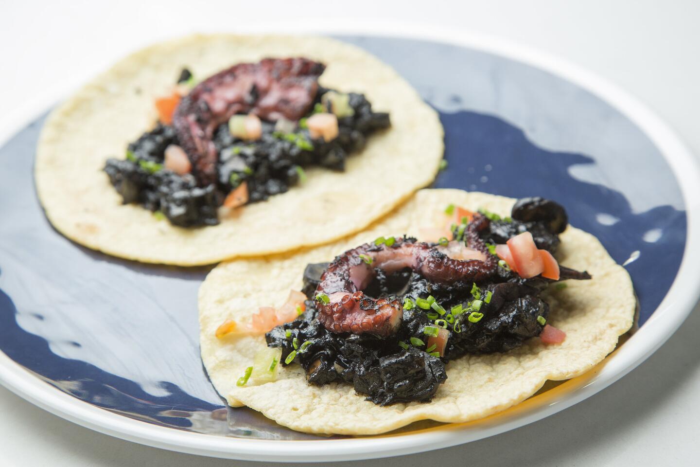 The Yucatán-style seafood menu at Gilberto Cetina Jr.'s Holbox in Mercado La Paloma includes octopus tacos.