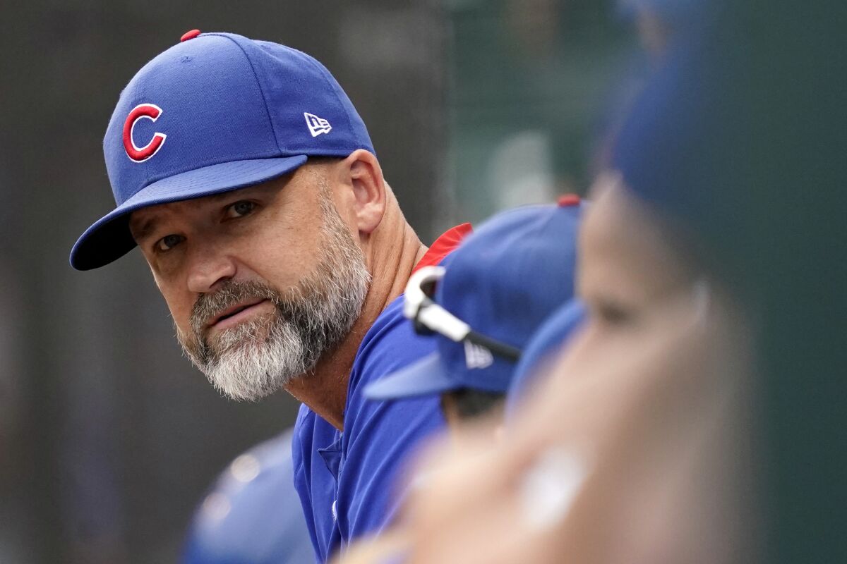 FILE - In this Aug. 12, 2021, file photo, Chicago Cubs manager David Ross watches from the dugout during the eighth inning of a baseball game against the Milwaukee Brewers in Chicago. Ross and president of baseball operations Jed Hoyer have tested positive for COVID-19. (AP Photo/Nam Y. Huh, File)