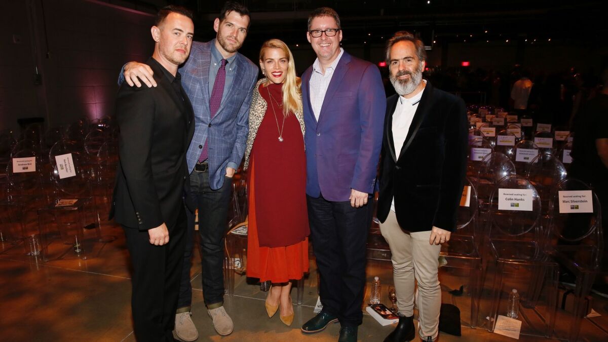 From left, Colin Hanks, Timothy Simons, Busy Philipps, John Szabo and Donick Cary gather during the Young Literati event Saturday.