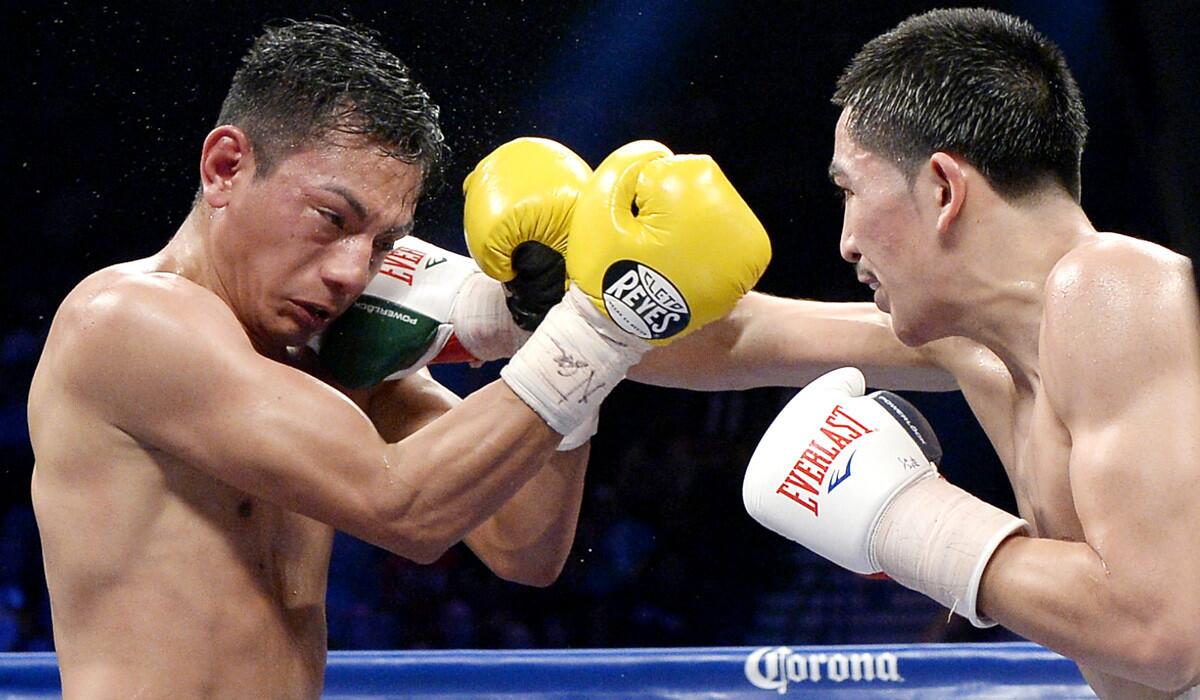 Leo Santa Cruz, right, lands a punch against Cristian Mijares during their WBC super bantamweight title bout at the MGM Grand Garden Arena earlier this year.