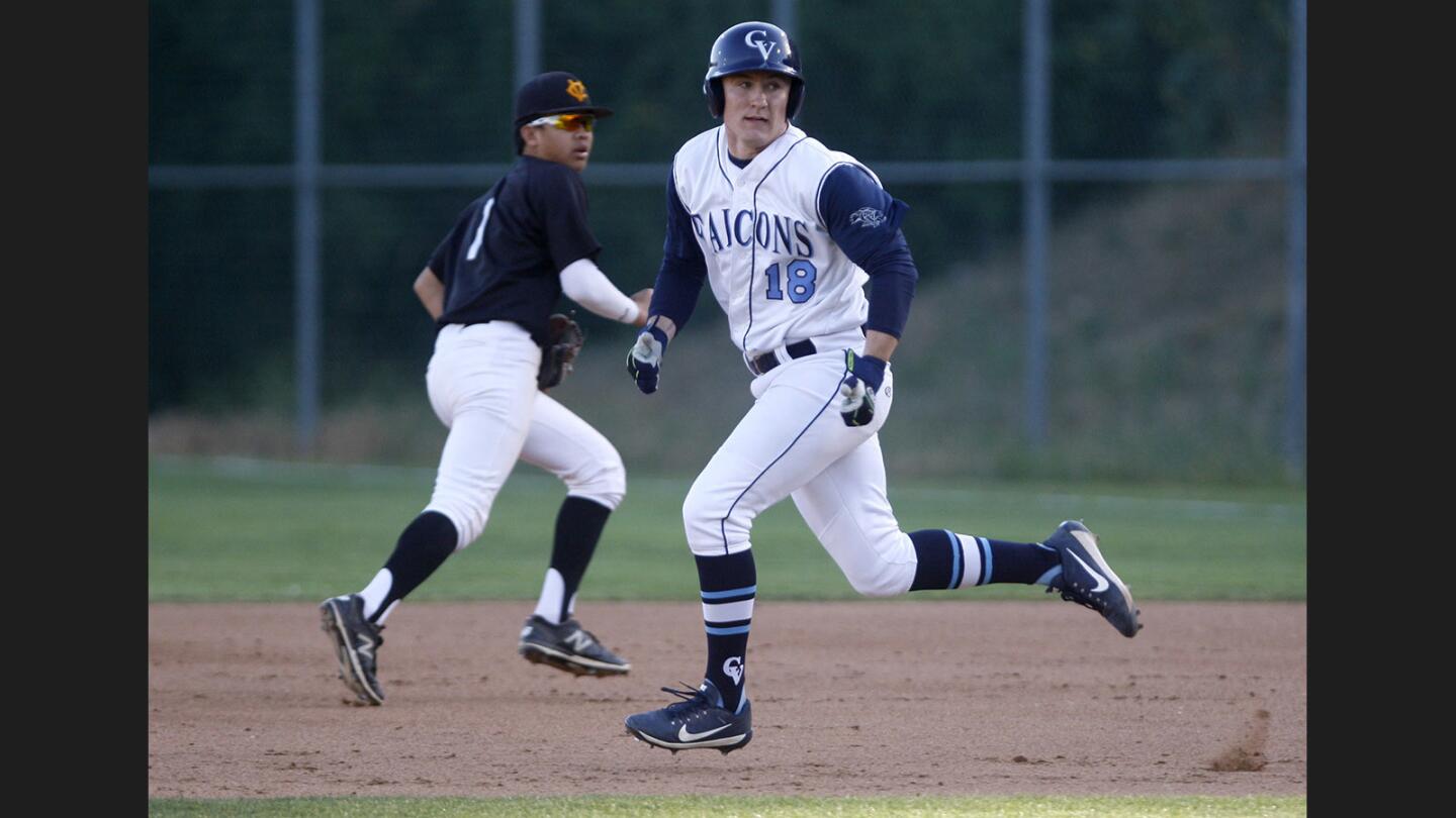 Crescenta Valley High School baseball player #18 Brian Erickson races to second base in CIF Southern Section, Division 2 first round game vs. Capistrano Valley High School at Stengel Field in Glendale on Friday, May 19, 2017. Crescenta Valley lost 3-2 to end the season.